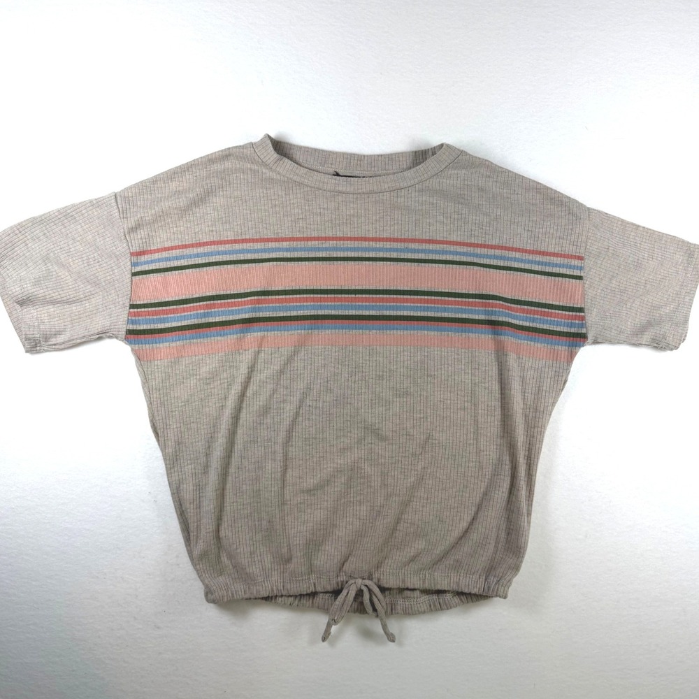 Womens Ribbed Knit Striped Short Sleeve Tie Hem Top Tan Pink Blue‎